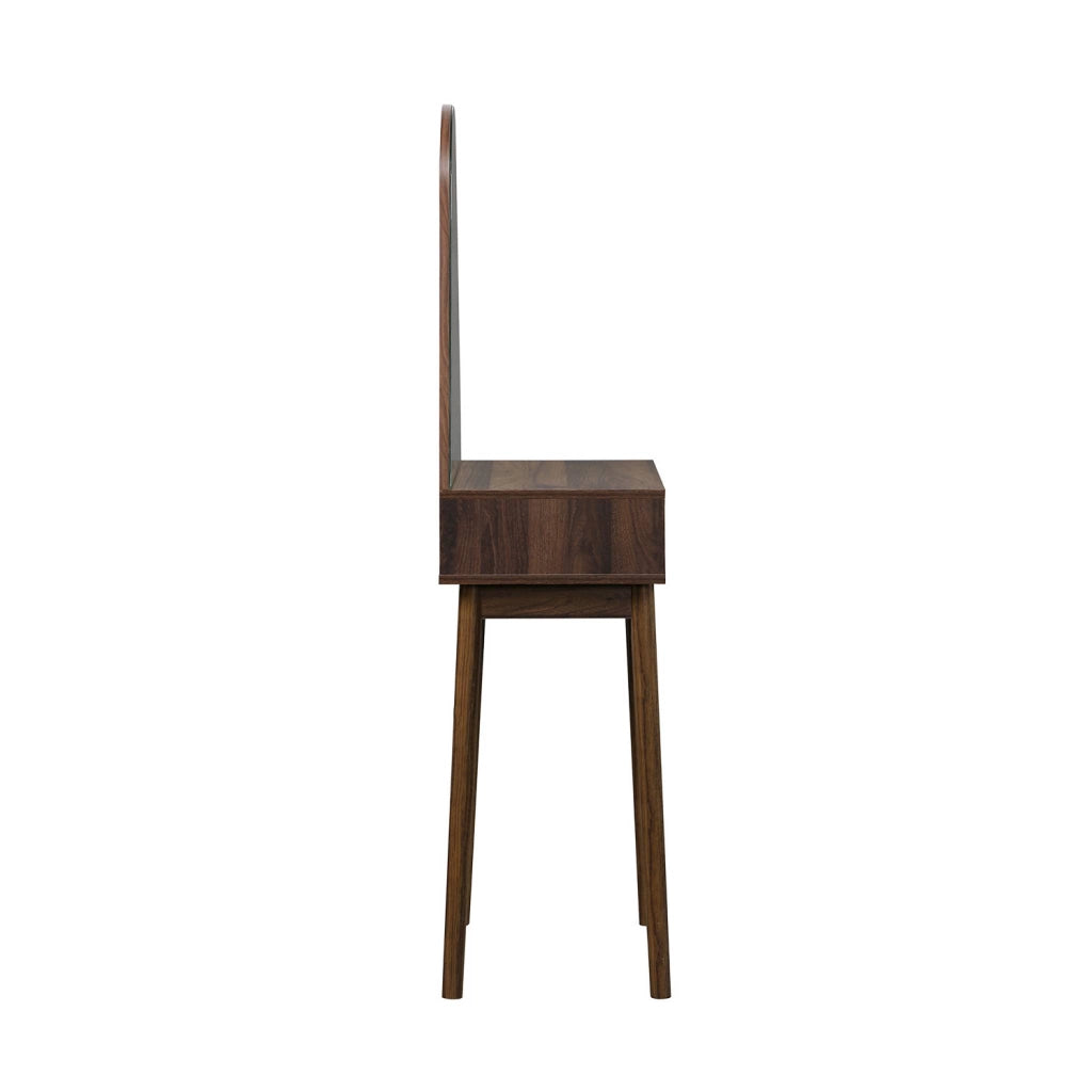 Toeletta trucco decorato in legno, specchio rotondo e 1 cassetto,