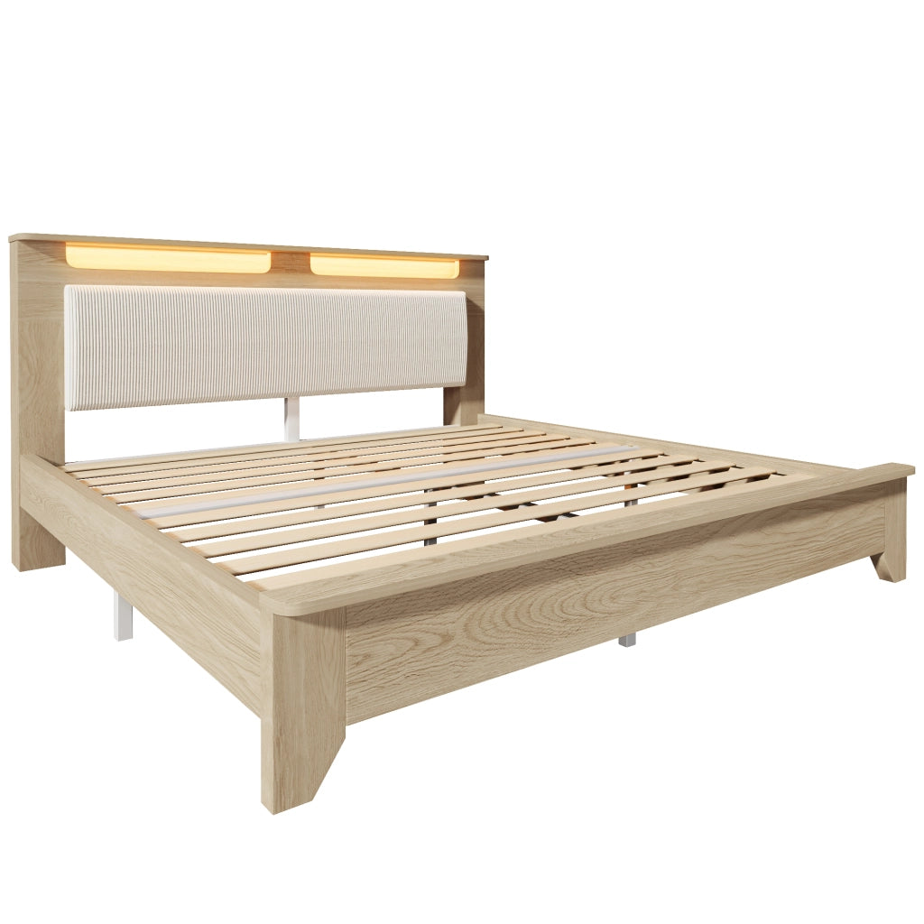 Letto matrimoniale 140x200 cm in legno e corduroy beige, testiera con LED e spazio contenitivo