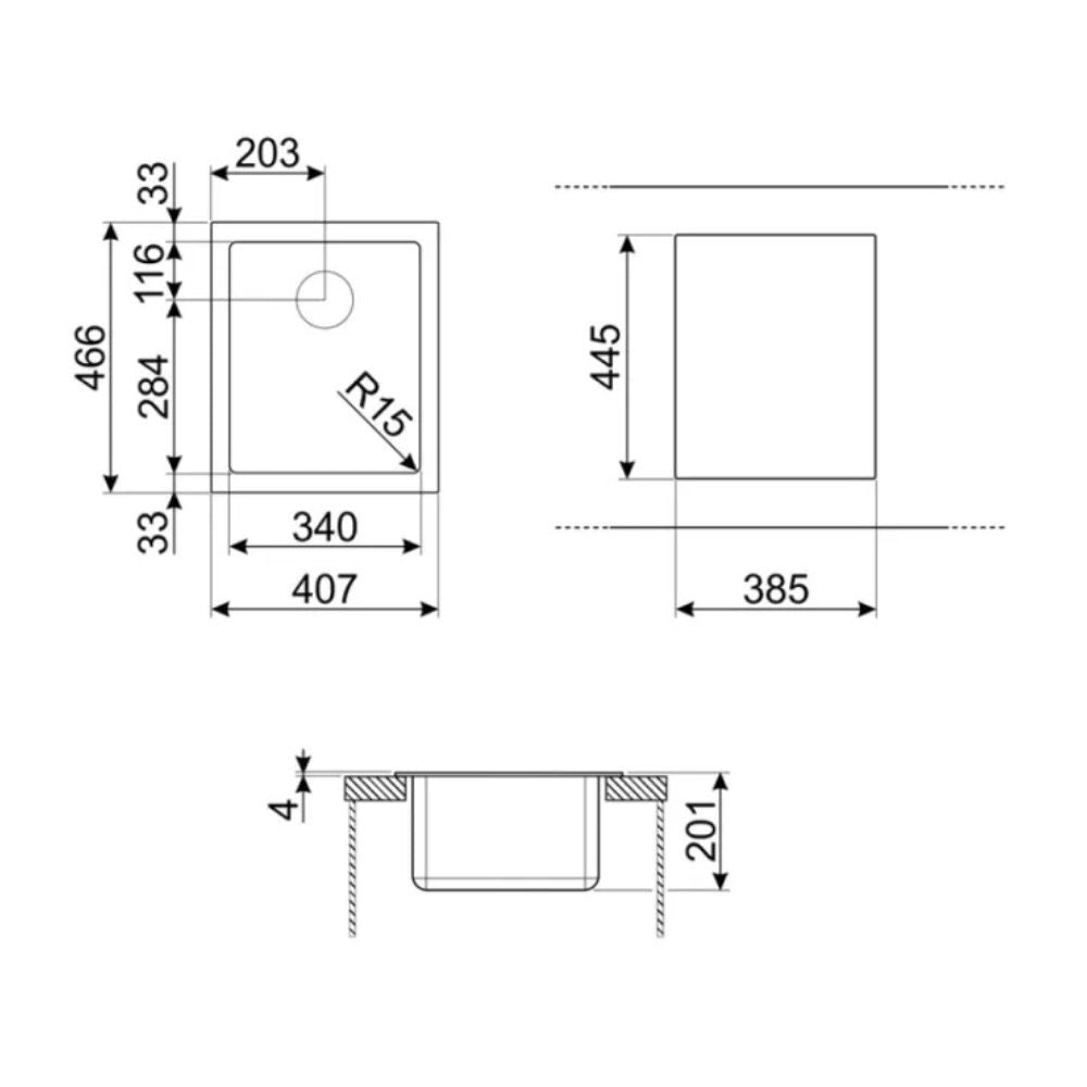 Lavello incasso monovasca semifilo 40x46 Smeg VQR40 inox spazzolato