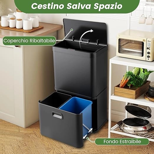 56L Pattumiera in Acciaio Inossidabile, Cestino della Spazzatura con Sensore di Movimento e 2 Contenitori Interni Rimovibili, Coperchio a Chiusura Lenta per Cucina Soggiorno Ufficio (Nero)