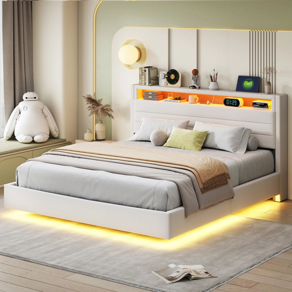 OKWISH Letto Contenitore 160×200 cm, Letto Matrimoniale con USB, LED Regolabile e Testiera Reversibile, senza Materasso, in Tessuto, Beige