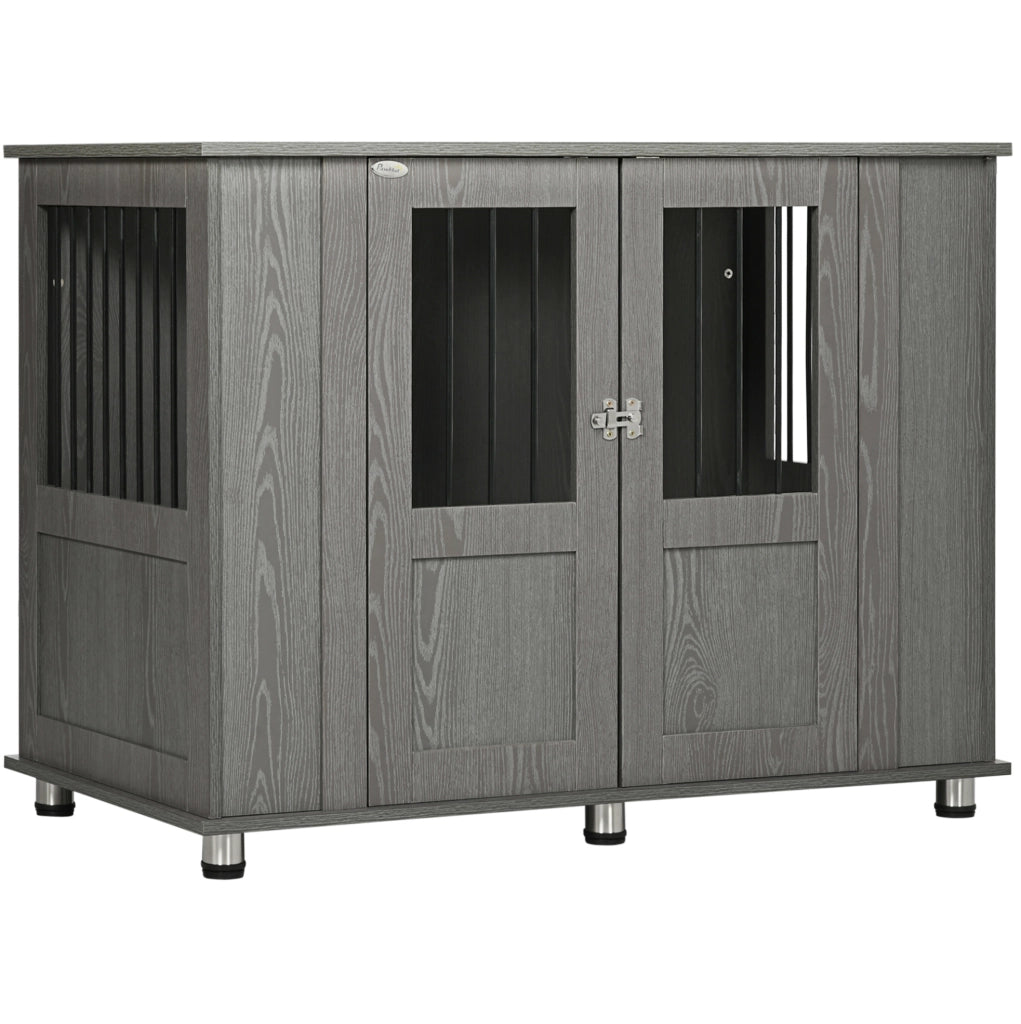 Gabbia per cani grande in legno grigio con tavolo integrato