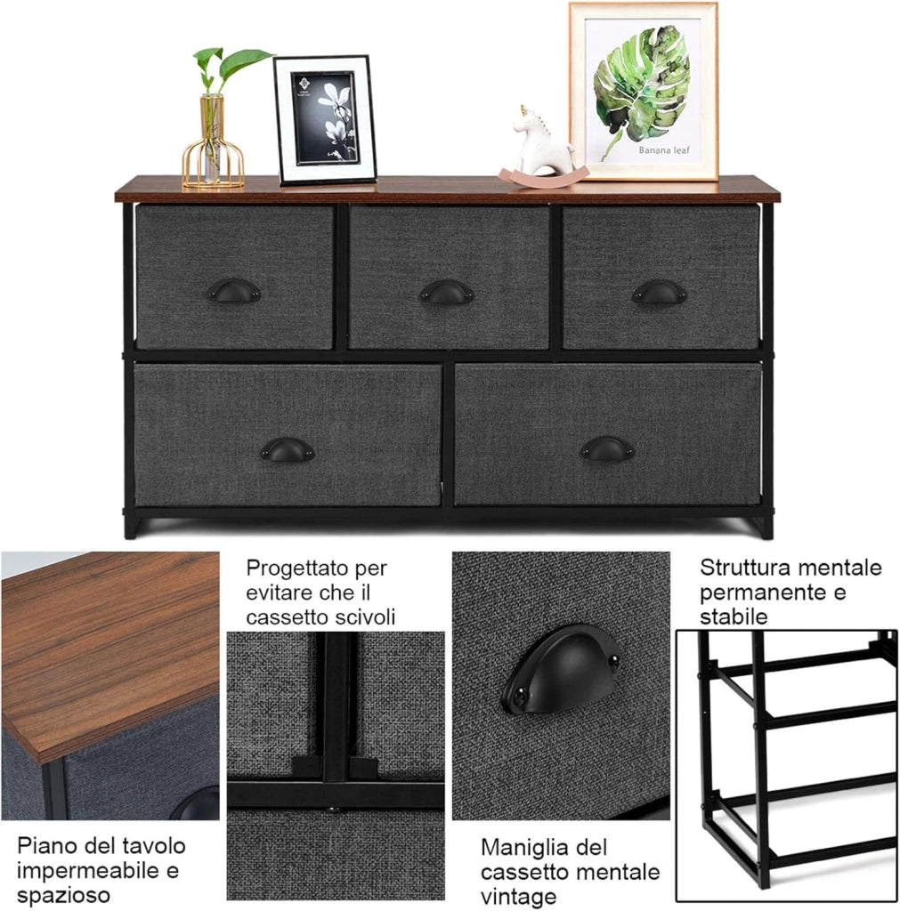 Cassettiera 5 Cassetti, Mobiletto Multiuso Salvaspazio, per Camera da Letto Bagno Ingresso, 100x30x53,5cm