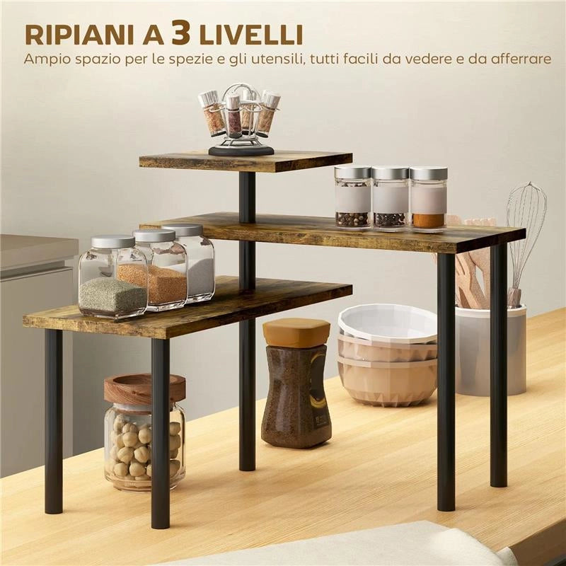 SCAFFALE CUCINA A 3 LIVELLI GIREVOLI SALVASPAZIO IN LEGNO E ACCIAIO, 40X10X36.5 CM, MARRONE RUSTICO