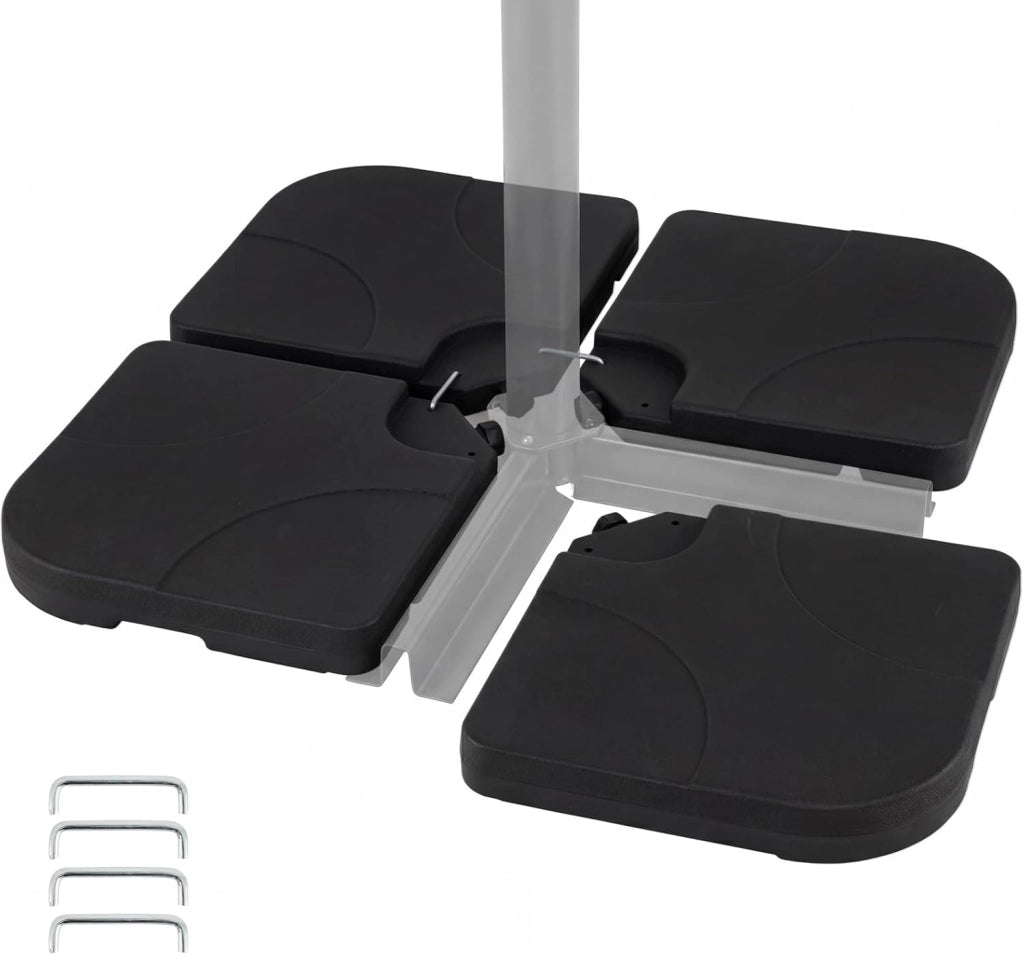 Base per Ombrellone in Plastica a 4 Pezzi, Supporto Ombrellone Riempibile 72 kg con Acaua e Sabbia, con Maniglia e 4 Perni in Meallo, per Patio e Bordo Piscina