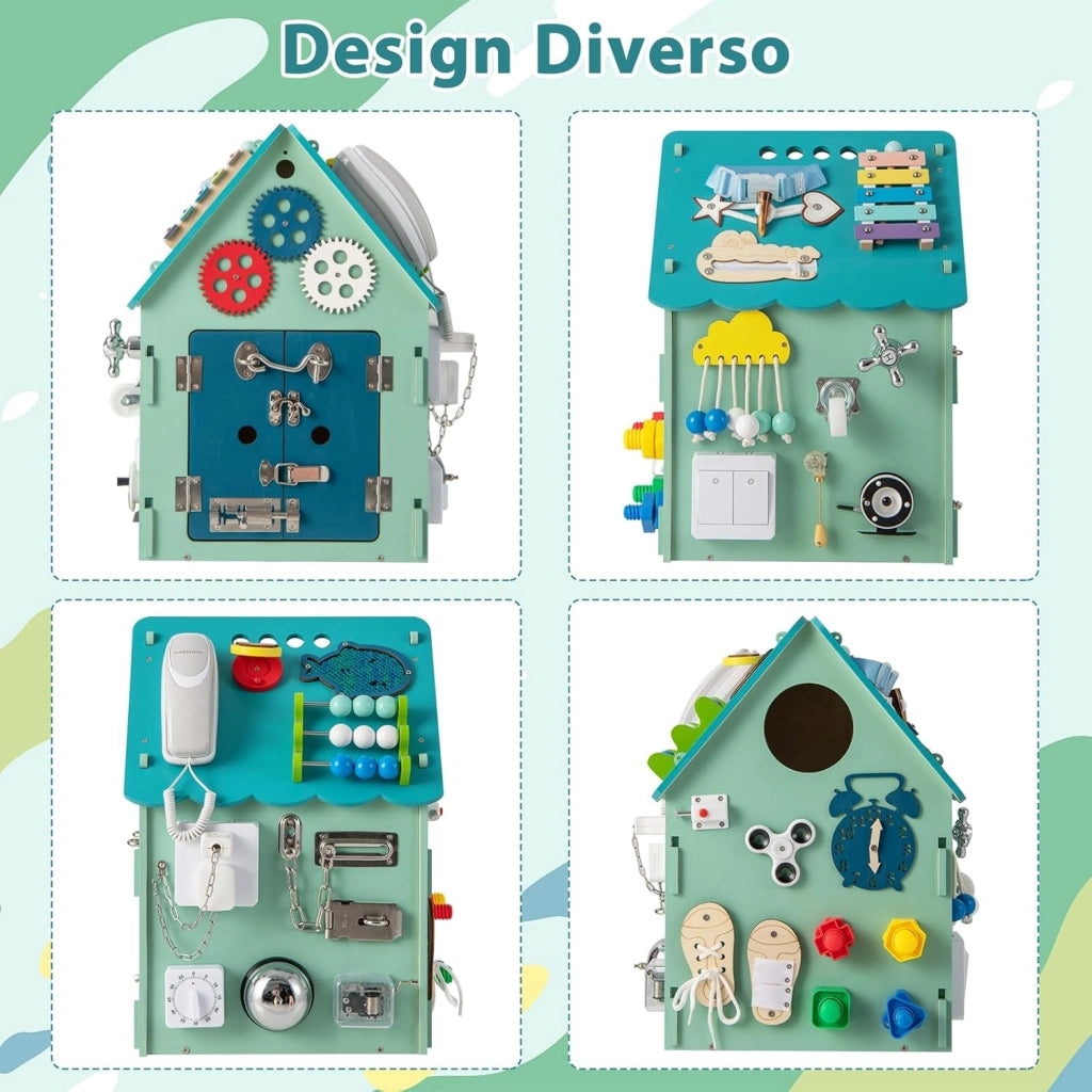 Occupato Montessori per Bambini, Casa da Gioco Montessori con Giochi Sensoriali e Spazio Interno, Giocattolo Educativo e Regalo per Bambini 3 Anni+ (Blu)