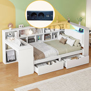 Letto angolare-Xylo-90x200 cm-scrivania, libreria, LED, cassetti, bianco