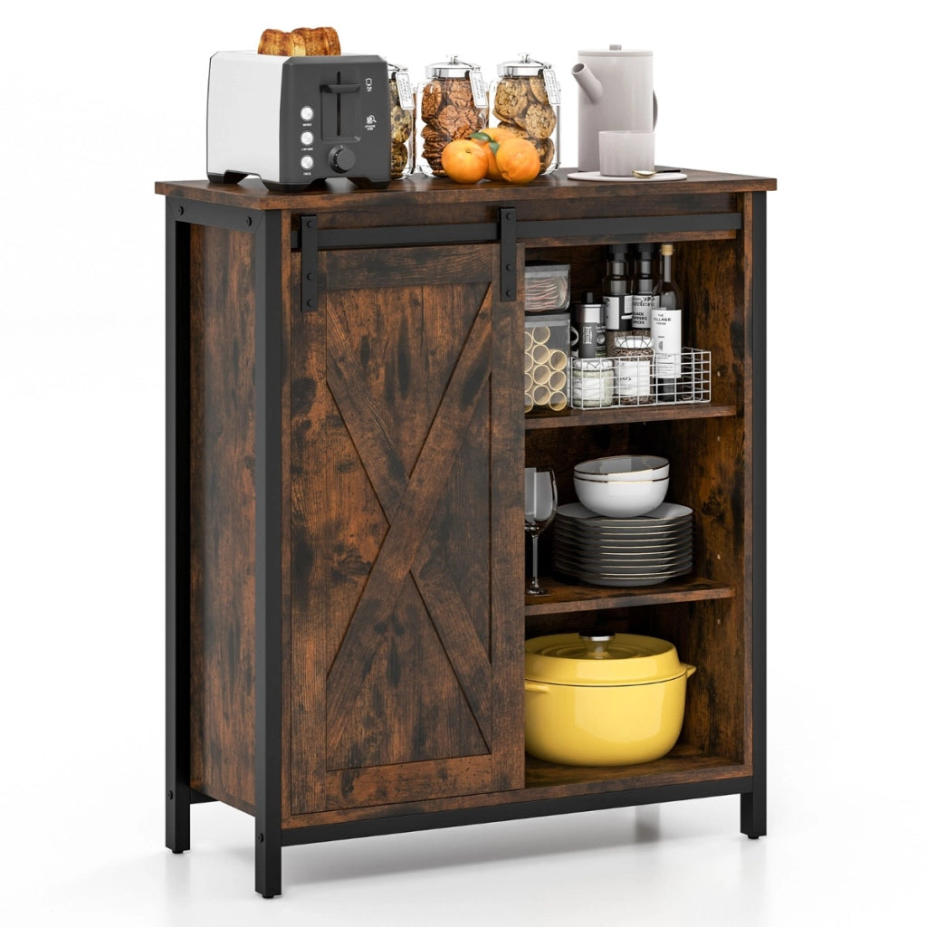 Mobile contenitore in stile rustico con anta scorrevole e ripiani regolabili, Credenza multiuso per cucina Marrone