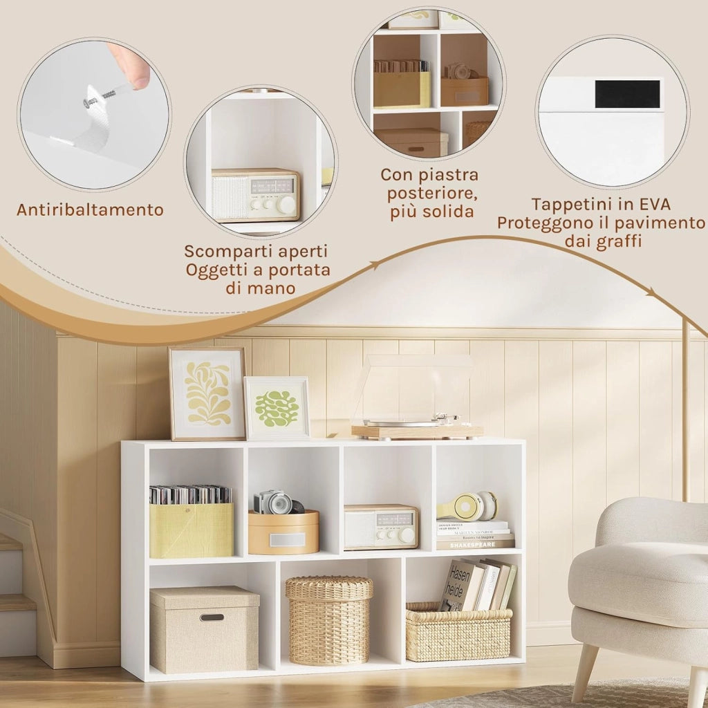 Libreria Bianca con 7 Scomparti a Giorno, Scaffale Moderno in Legno, Mobile Porta Libri Portaoggetti, Salvaspazio, per Ufficio, Studio, Salotto 59,5x29,5x108cm, SK004ws