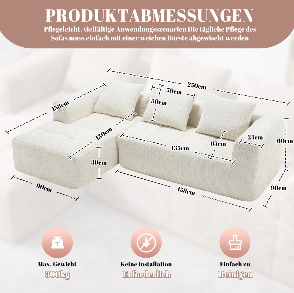 Divano angolare 250x158x60 cm senza installazione; con tasche laterali in chenille beige