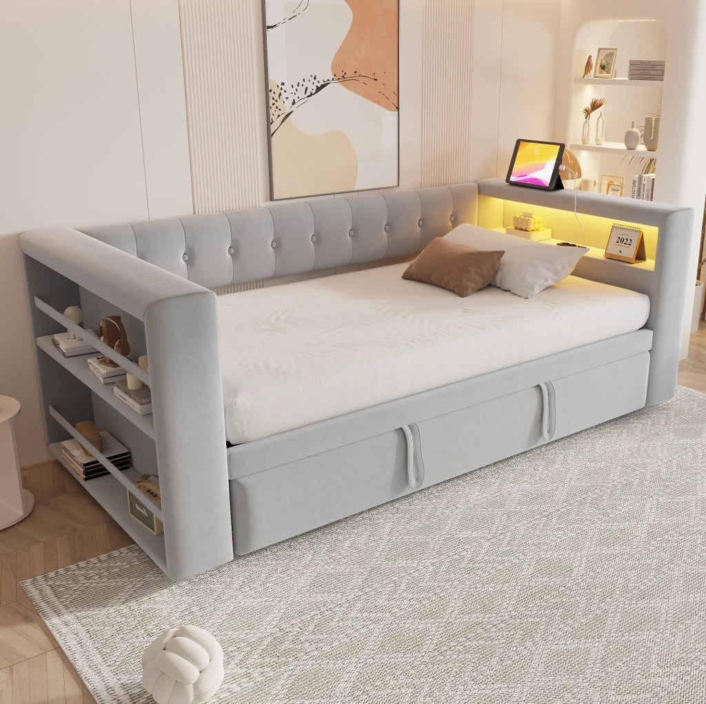 Letto multifunzione imbottito con LED, prese e spazio contenitivo