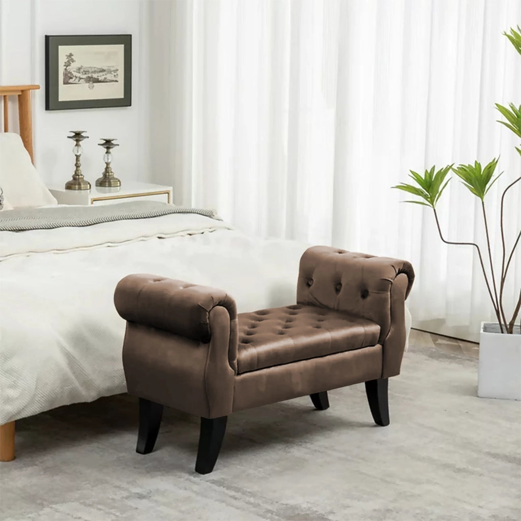 Divanetto In Velluto Panca Contenitore Pouf PortaOggetti Panca Sgabello A Pie Di Letto Cassapanca Ingresso Legno Massello Panchina - Tortora