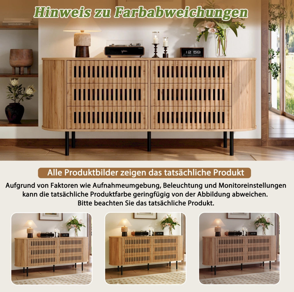 Credenza 160x40x70 cm con 6 cassetti; MDF e gambe in metallo; colore naturale