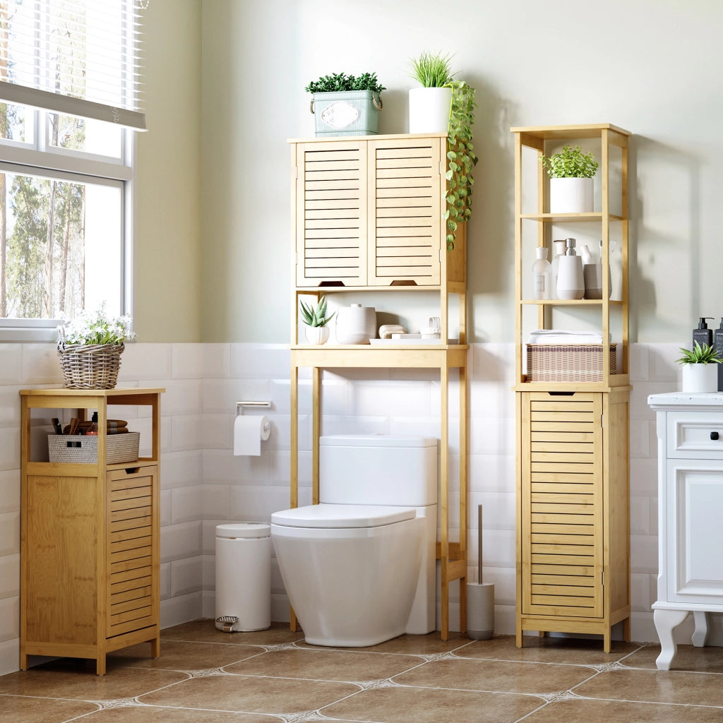 Mobiletto Bagno con Cesto Multiuso per Bucato e Giocattoli, in MDF e Bamb¨´, 40x30x86.5cm