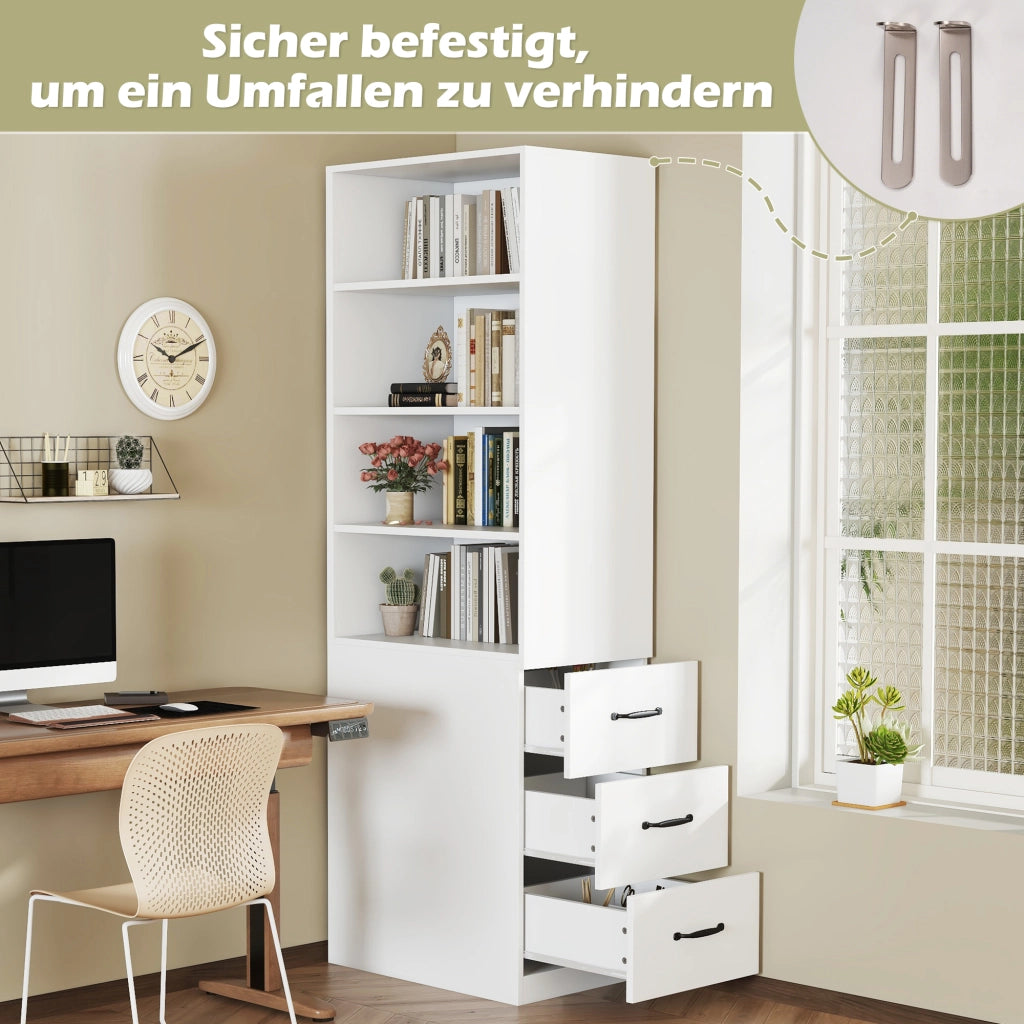 Libreria con 3 cassetti e 4 vani aperti, ripiani regolabili, per piccoli spazi, in truciolato, bianco, 60 × 38 × 180 cm