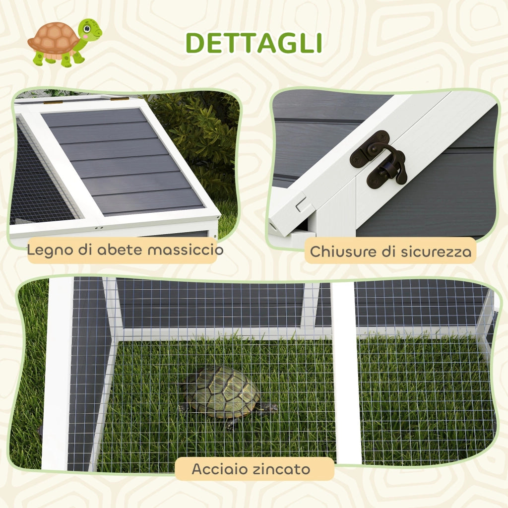 Casetta per Tartarughe di Terra 120x55x50A cm senza Fondo in Legno e Acciaio Grigio e Bianco