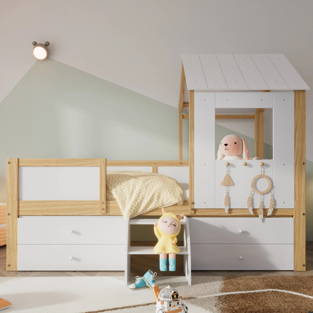 Letto Casetta 90x200 cm - 4 Cassetti; Scala e Finestra - Legno - Bianco e Naturale