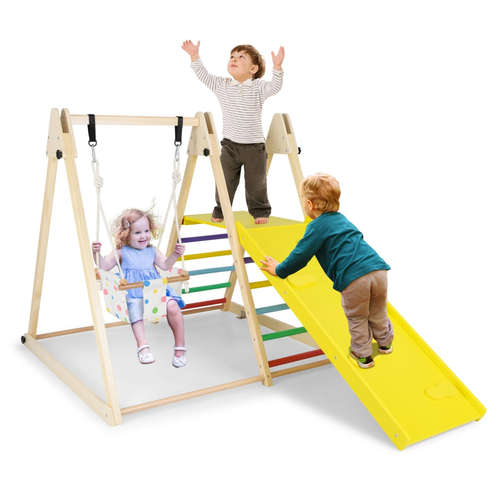 Palestra da interno 4 in 1 per bambini 1+ anni con altalena e struttura da arrampicata, Set Montessori in legno per gioco e attivit¨¤ motorie Multicolore