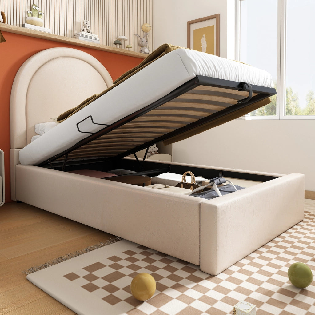 Letto Contenitore Letto Singolo 90×200 cm con Vano Sottoletto e Testiera Imbottita; senza Materasso; Beige