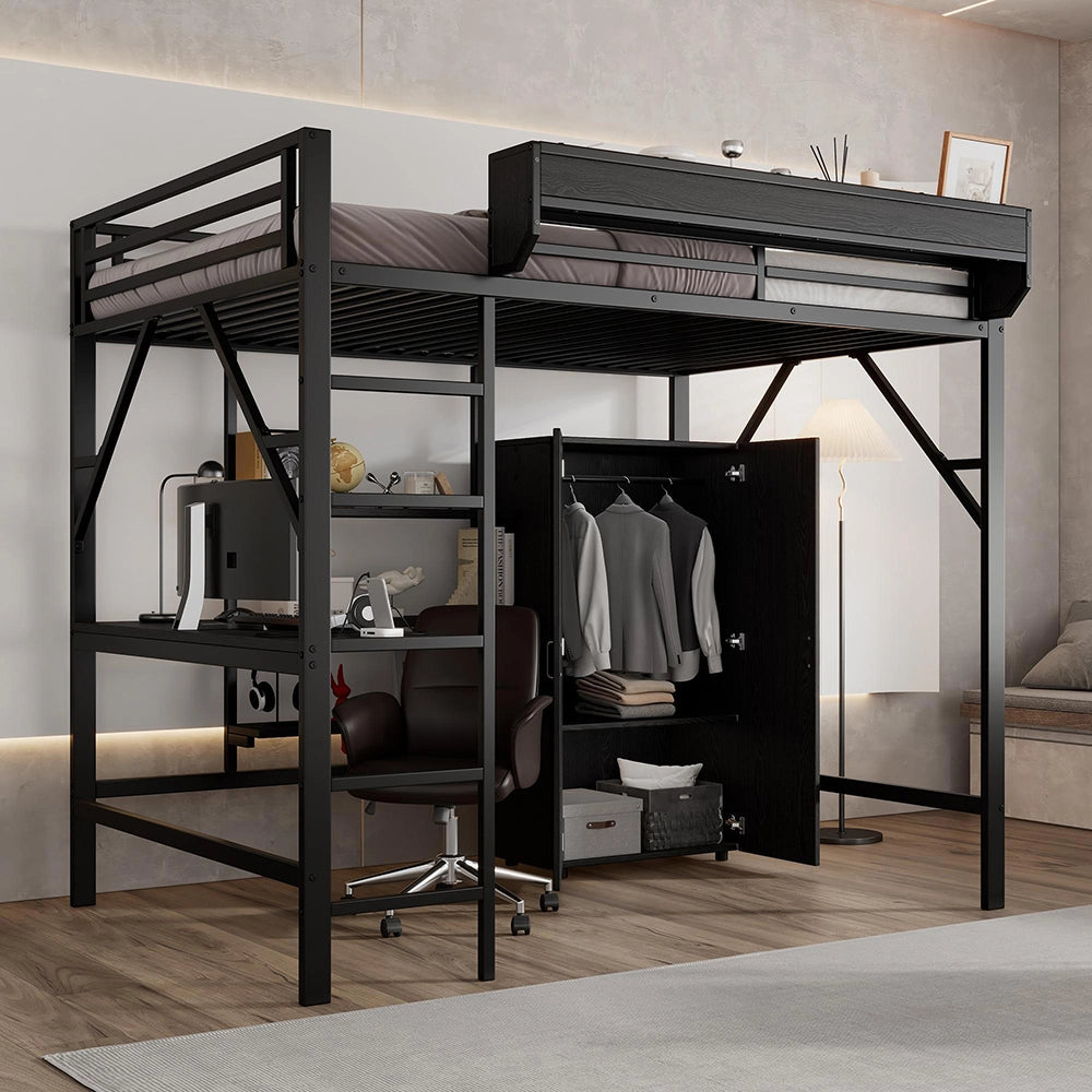 Letto mezzanino-Xylo-140x200cm ferro+MDF 2 livelli ripiano scrivania nero