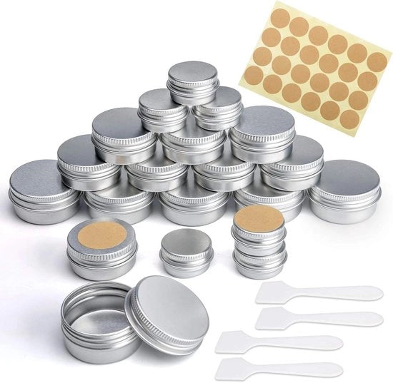 Set di contenitori in alluminio leggeri con coperchio e etichette - Ospite per creme e lotion - Inclusa spatola mini - Set da 20 pezzi (20 ml, 10 ml, 5 ml)