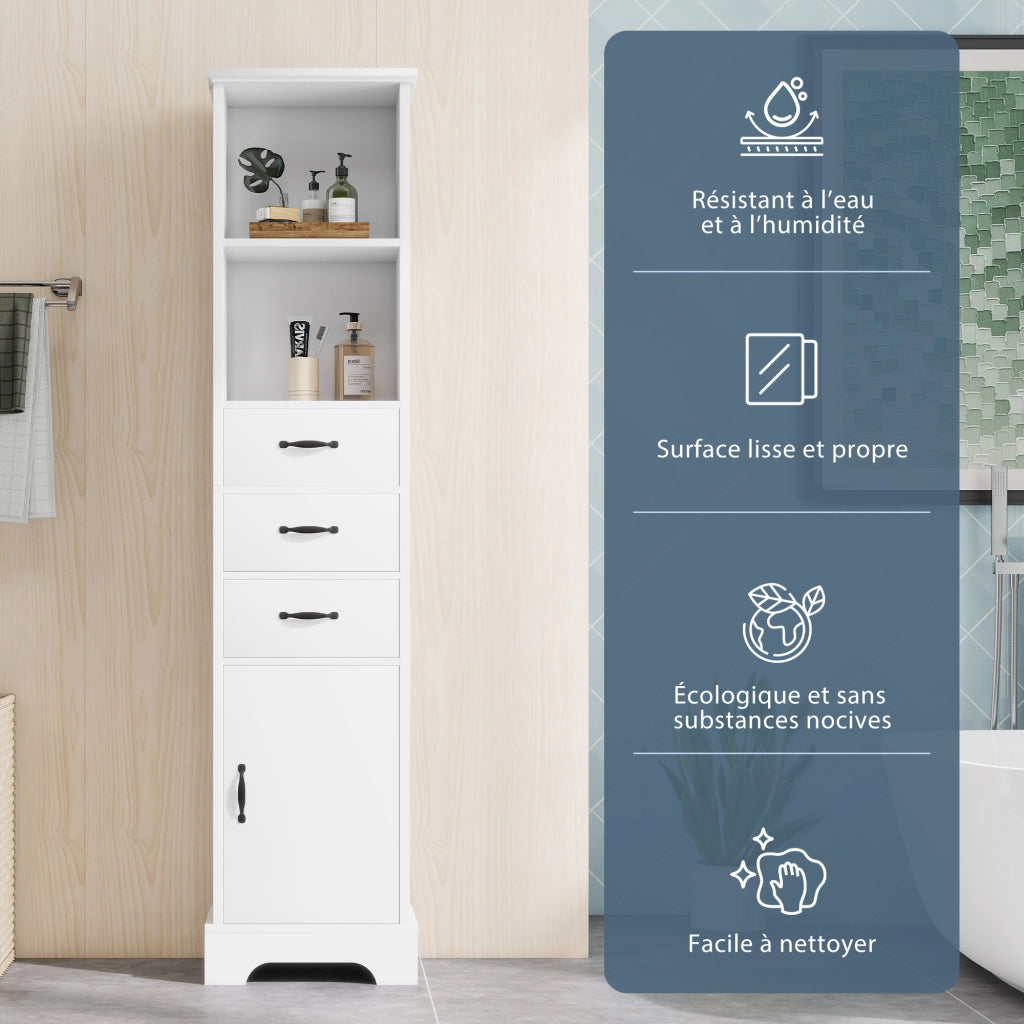 Armadietto da bagno con 3 cassetti, vani aperti e ripiano regolabile in MDF laccato, bianco, 38 × 26 × 172,5 cm