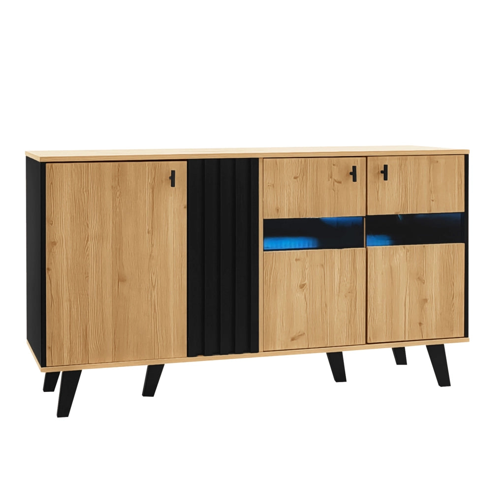Credenza 140x78.5x41 cm con 3 ante; ripiani e LED; vetro e pannello truciolare