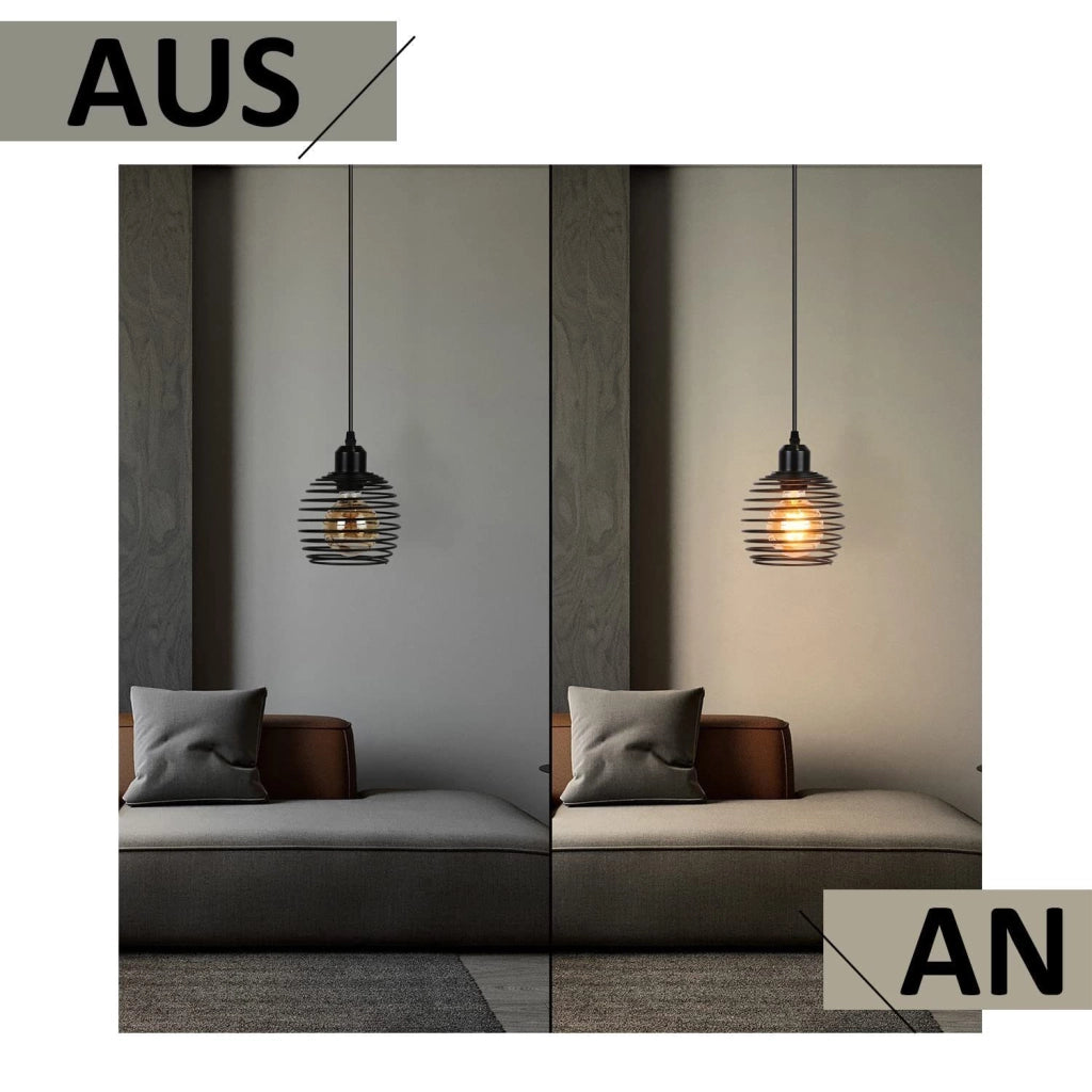 Lampada a Sospensione ZMH design vintage nero E27 diametro 15cm molla metallo con presa e interruttore per soggiorno