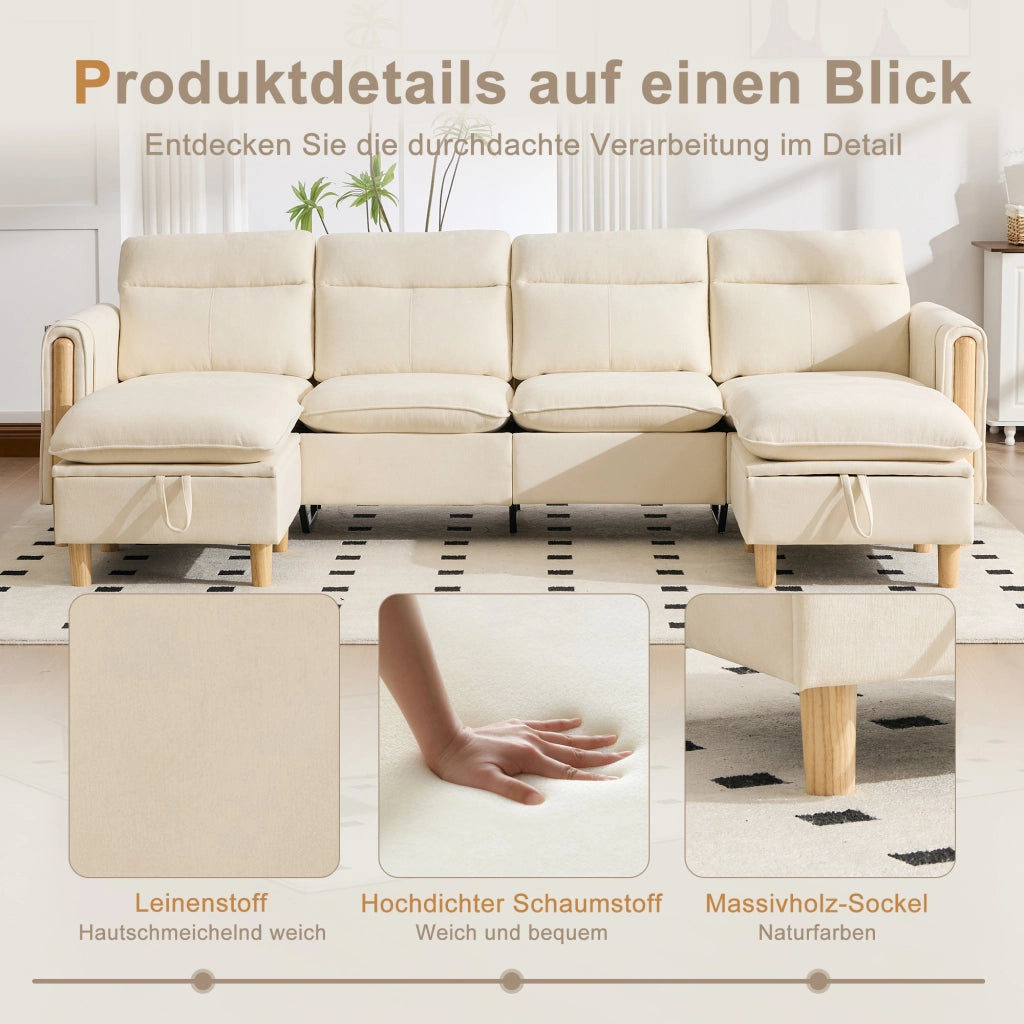 Divano a U modulare per 4 persone con 2 pouf contenitore, tasche laterali e piedi in legno massello in ciniglia beige