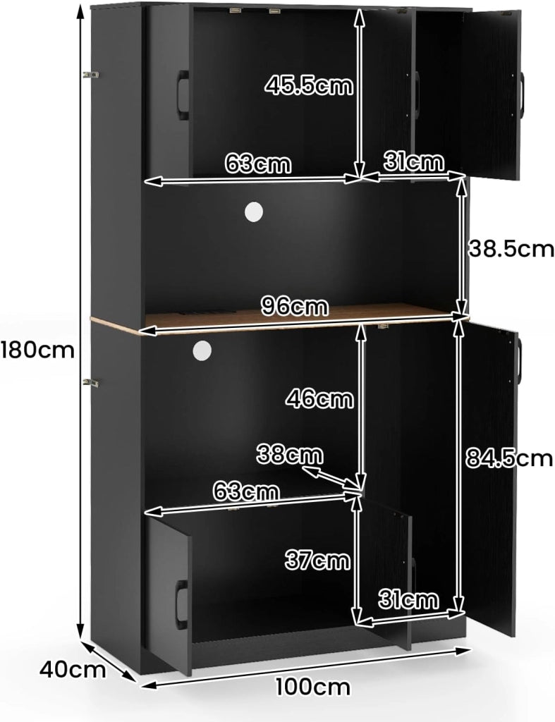 Credenza Alta da Cucina con Stazione di Ricarica, Armadio a Buffet con Ante e Piano di Lavoro, Mobile Dispensa in Legno, per Sala da Pranzo, Soggiorno, Bagno, 100 x 40 x 180 cm (Nero)