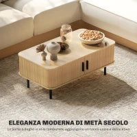 Tavolino da Caffè con 2 Ripiani Portaoggetti e Ante Scorrevoli, in Legno e Acciaio, 100x55x40 cm, Nero e Rovere