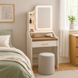 Afrodite - Toeletta Trucco con Luce LED Cassetto 3 Ripiani e Prese Postazione Make Up in Legno Bianco