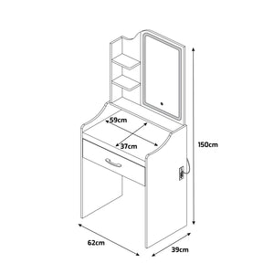 Afrodite - Toeletta Trucco con Luce LED Cassetto 3 Ripiani e Prese Postazione Make Up in Legno Bianco