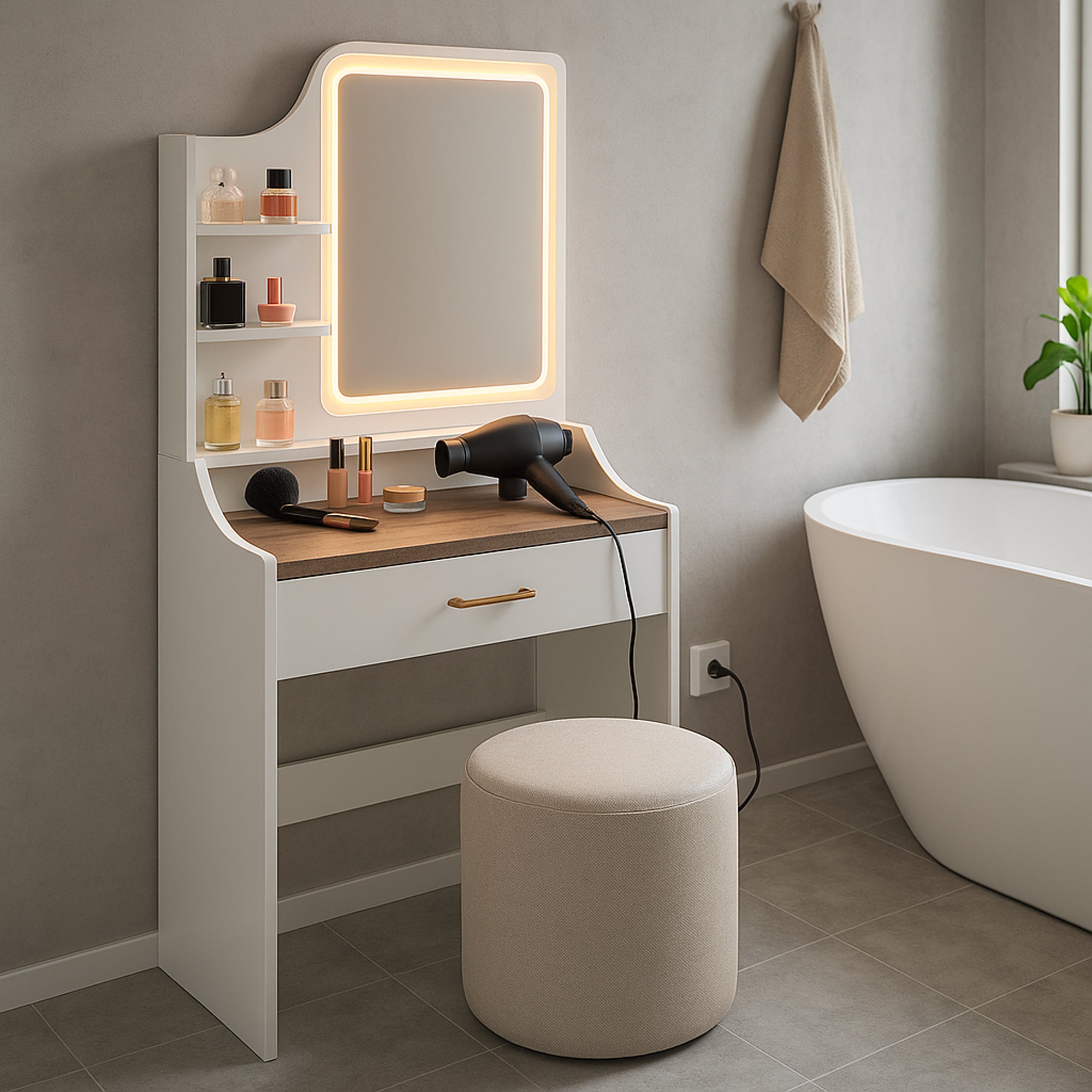 Afrodite - Toeletta Trucco con Luce LED Cassetto 3 Ripiani e Prese Postazione Make Up in Legno Bianco