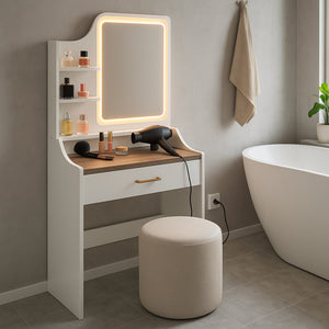 Afrodite - Toeletta Trucco con Luce LED Cassetto 3 Ripiani e Prese Postazione Make Up in Legno Bianco
