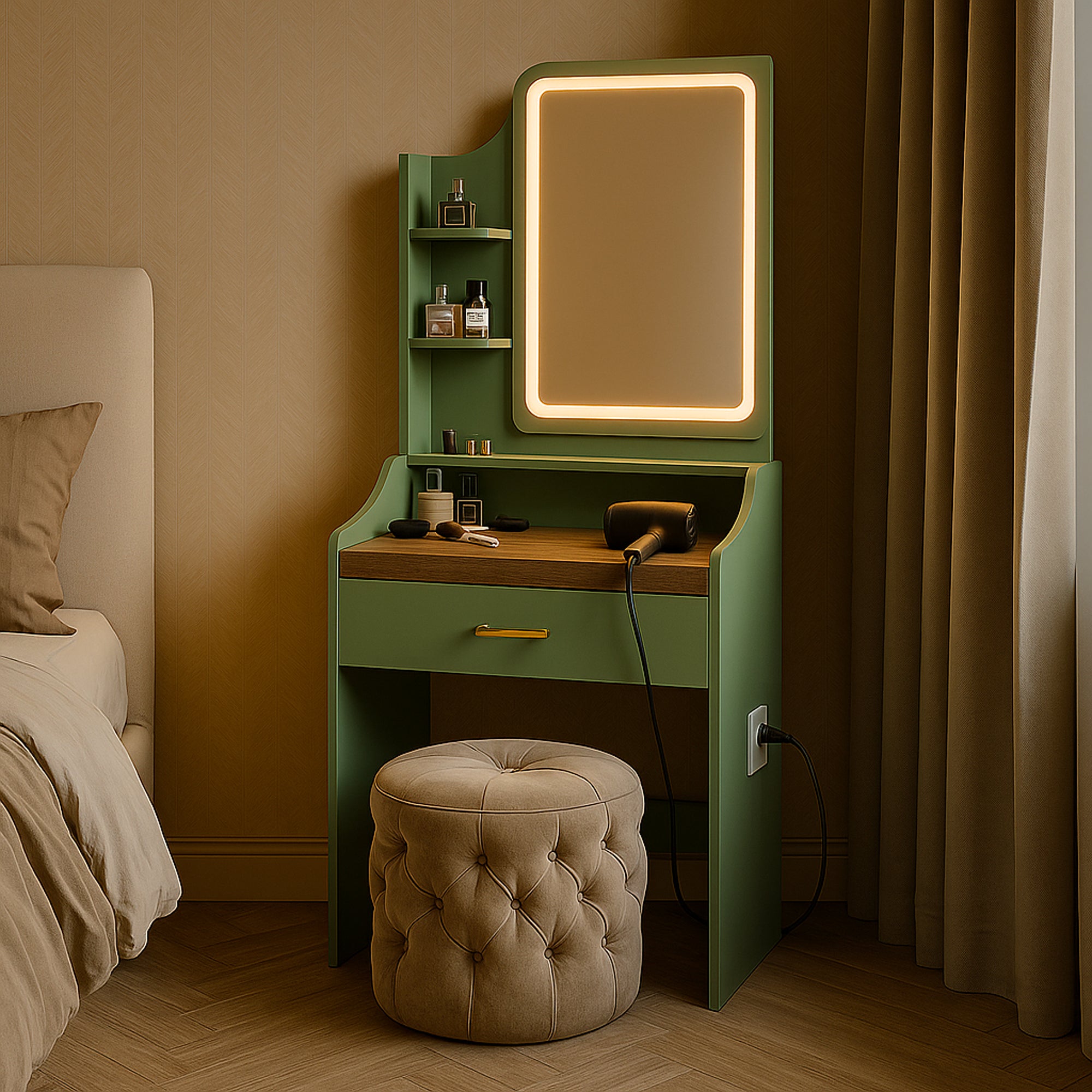 Afrodite - Toeletta Trucco con Luce LED Cassetto 3 Ripiani e Prese Postazione Make Up in Legno Salvia