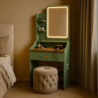 Afrodite - Toeletta Trucco con Luce LED Cassetto 3 Ripiani e Prese Postazione Make Up in Legno Salvia