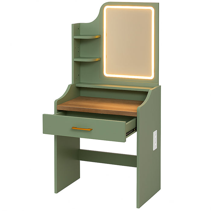 Afrodite - Toeletta Trucco con Luce LED Cassetto 3 Ripiani e Prese Postazione Make Up in Legno Salvia
