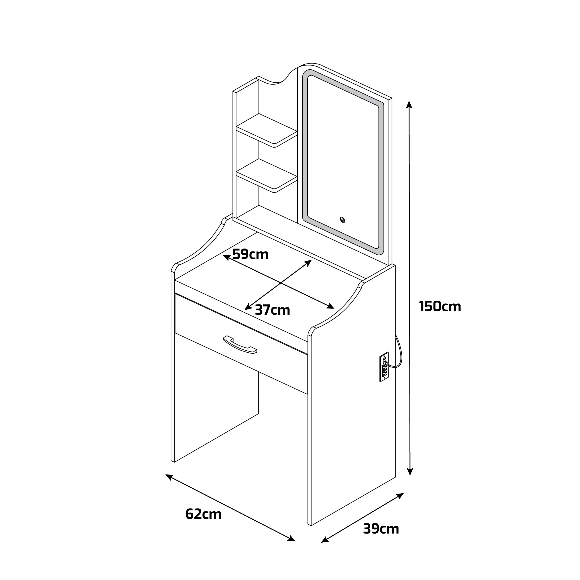 Afrodite - Toeletta Trucco con Luce LED Cassetto 3 Ripiani e Prese Postazione Make Up in Legno Salvia