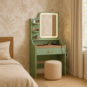 Afrodite - Toeletta Trucco con Luce LED Cassetto 3 Ripiani e Prese Postazione Make Up in Legno Salvia