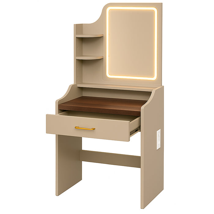 Afrodite - Toeletta Trucco con Luce LED Cassetto 3 Ripiani e Prese Postazione Make Up in Legno Tortora