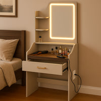 Afrodite - Toeletta Trucco con Luce LED Cassetto 3 Ripiani e Prese Postazione Make Up in Legno Tortora