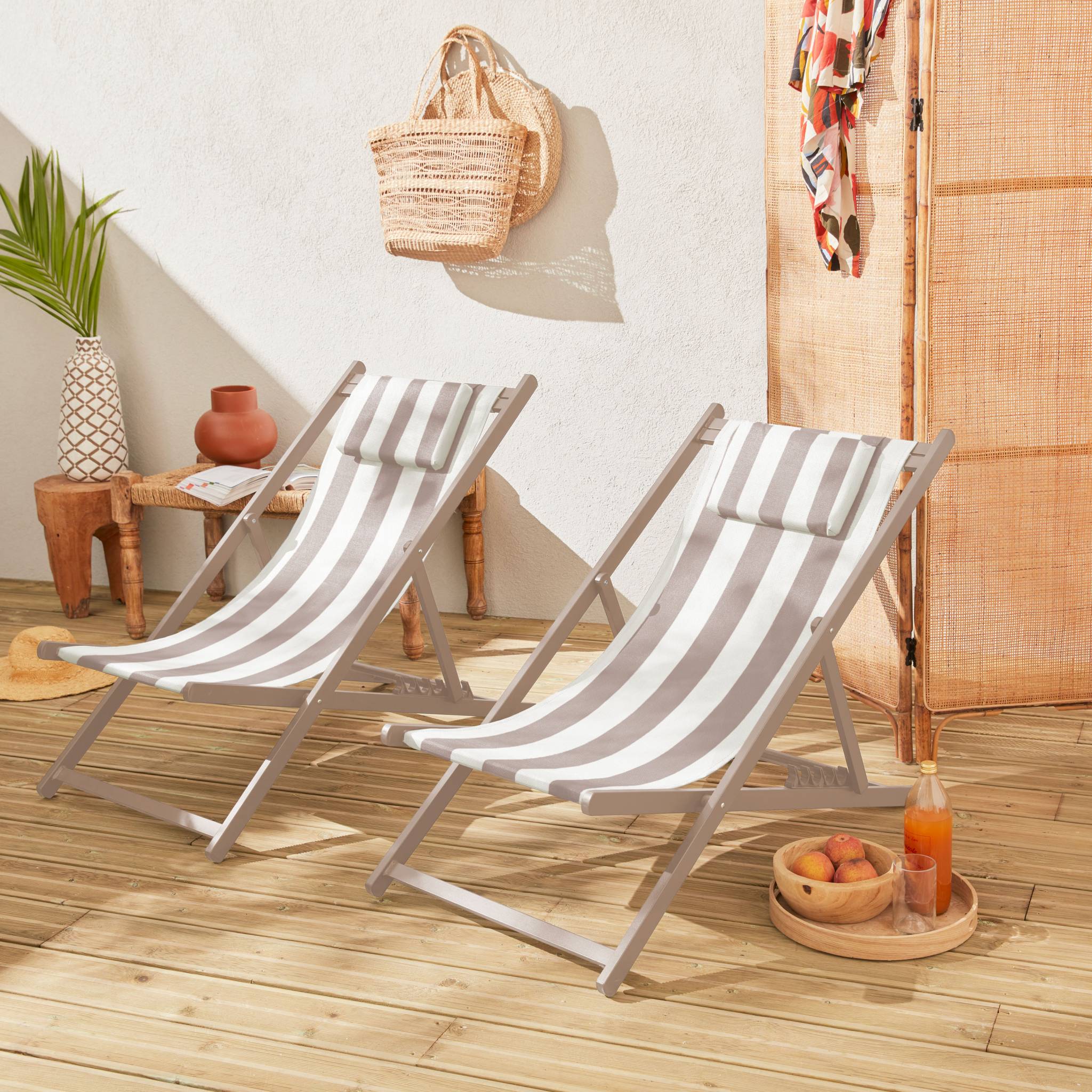 Set 2 lettini prendisole in alluminio multi-posizioni, righe beige