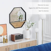 Specchio da Parete Ottagonale in Metallo con Mensola in Legno, 61x61cm Nero