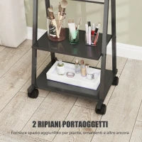 Specchio Verticale da Terra con 2 Ripiani e 4 Rotelle, in Acciaio e Legno, 42x37x155 cm, Nero