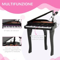 Pianoforte Elettrico Giocattolo Strumento Musicale per Bambini con 37 Tasti Microfono e Sgabello 48x39x69cm Nero