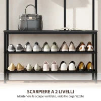 Appendiabiti da Ingresso 3 in 1 con 6 Ganci e Panca con Scarpiera, 91x36x180 cm, Nero