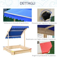 Sabbiera per Bambini in Legno con Panca e Tettuccio Parasole Regolabile, 120x120x120cm, Colore Legno e Blu