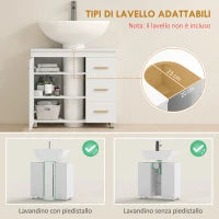 Mobile Sottolavabo con Intaglio a U, Armadietto e 3 Cassetti, Chiusura Ammortizzata, 70x30x65 cm, Bianco