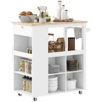 Carrello Isola da Cucina con Ripiani Regolabili, Portacoltelli e Piano in Legno, 86.5x47x88 cm, Bianco